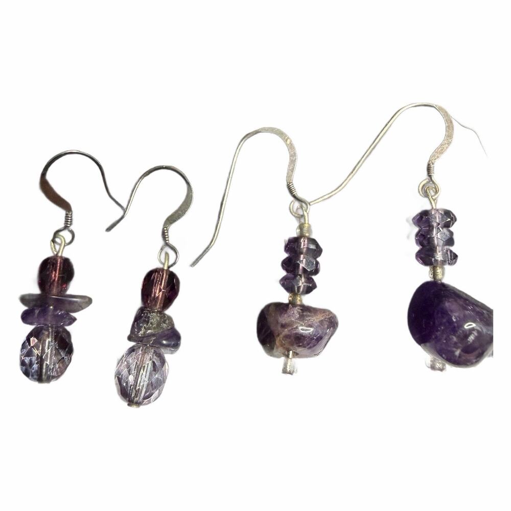 Set Of Real Amethyst Stone Dangle Earrings